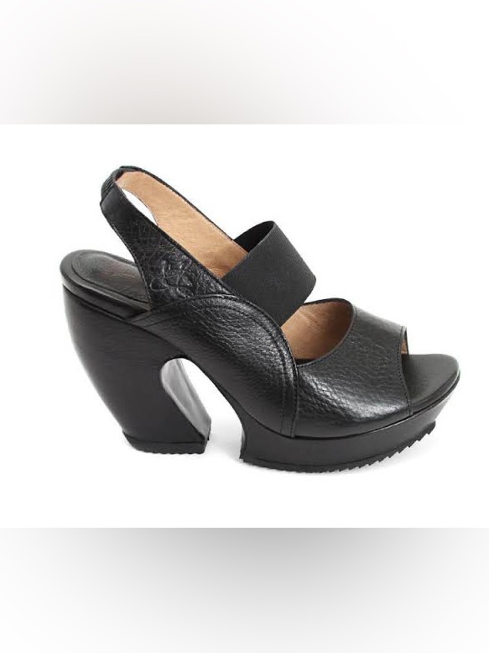 John Fluevog Prepare Spur- Black Leather Open-toe, sling back platform sandal
